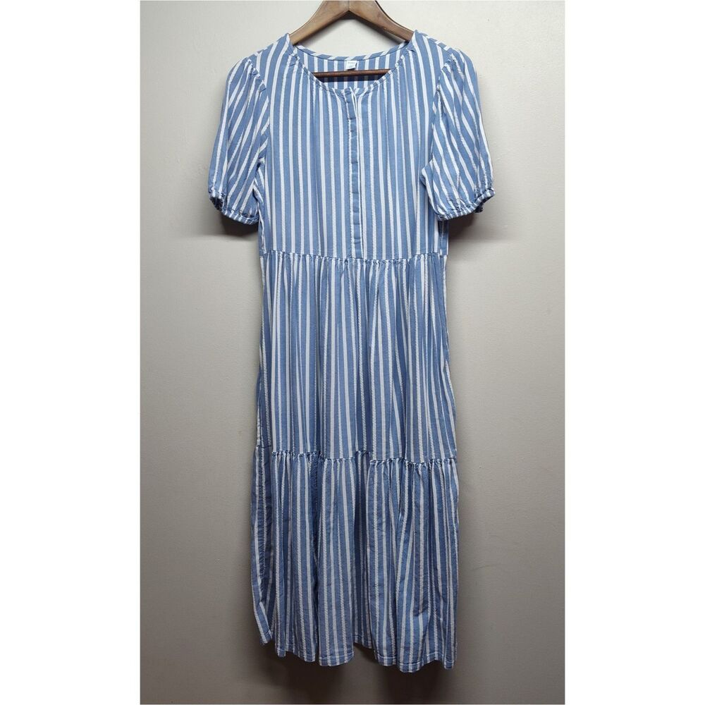 Old Navy Midi Dress Women M Blue Stripe Short Puffy Sleeve Spring Cottagecore